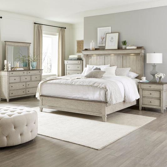 Queen Mantle Bed, Dresser & Mirror, Chest, Night Stand
