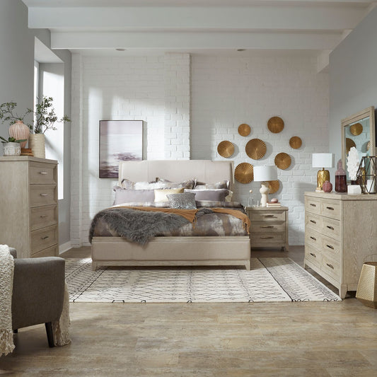 King Uph Bed, Dresser & Mirror, Chest, Night Stand