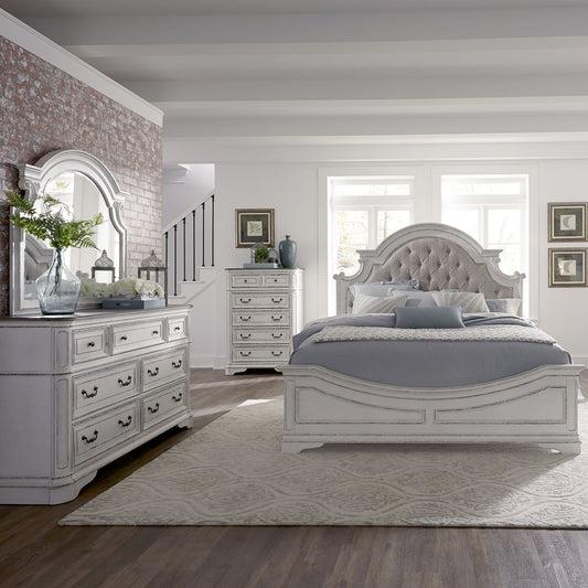 King Uph Bed, Dresser & Mirror, Chest