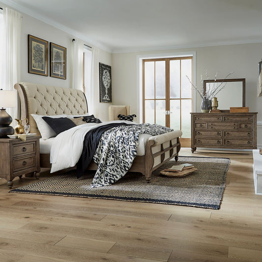 Queen Sleigh Bed, Dresser & Mirror, Night Stand