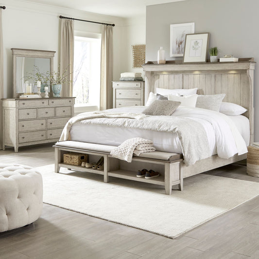 King Mantle Storage Bed, Dresser & Mirror, Chest