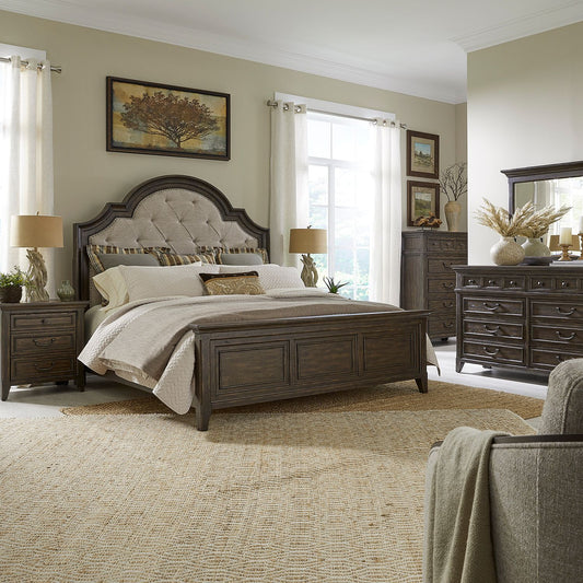 King Uph Bed, Dresser & Mirror, Chest, Night Stand