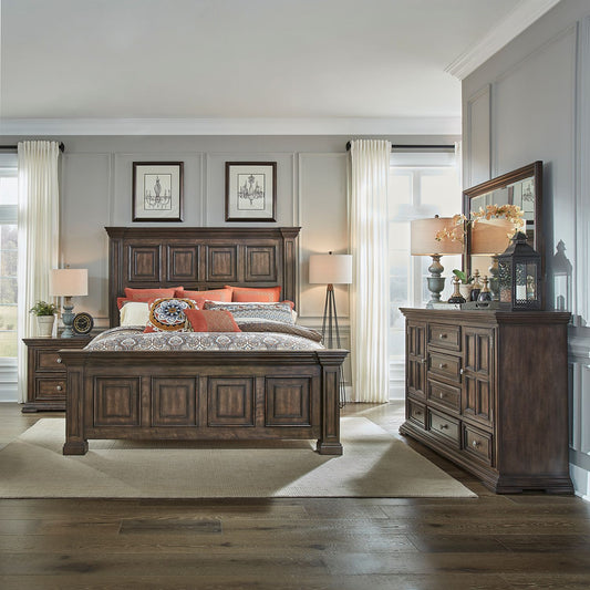King Panel Bed, Dresser & Mirror, Night Stand