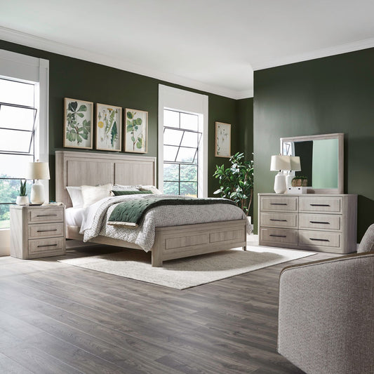 King Panel Bed, Dresser & Mirror, Night Stand