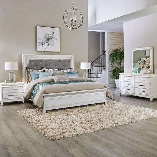 King Uph Bed, Dresser & Mirror, Night Stand
