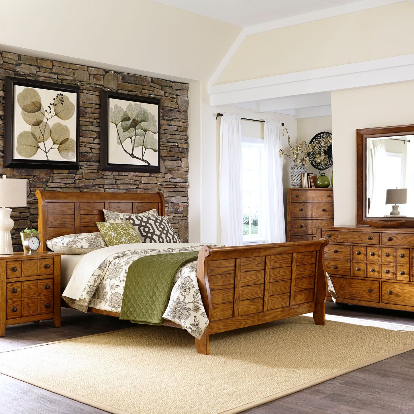 King Sleigh Bed, Dresser & Mirror, Chest, Night Stand