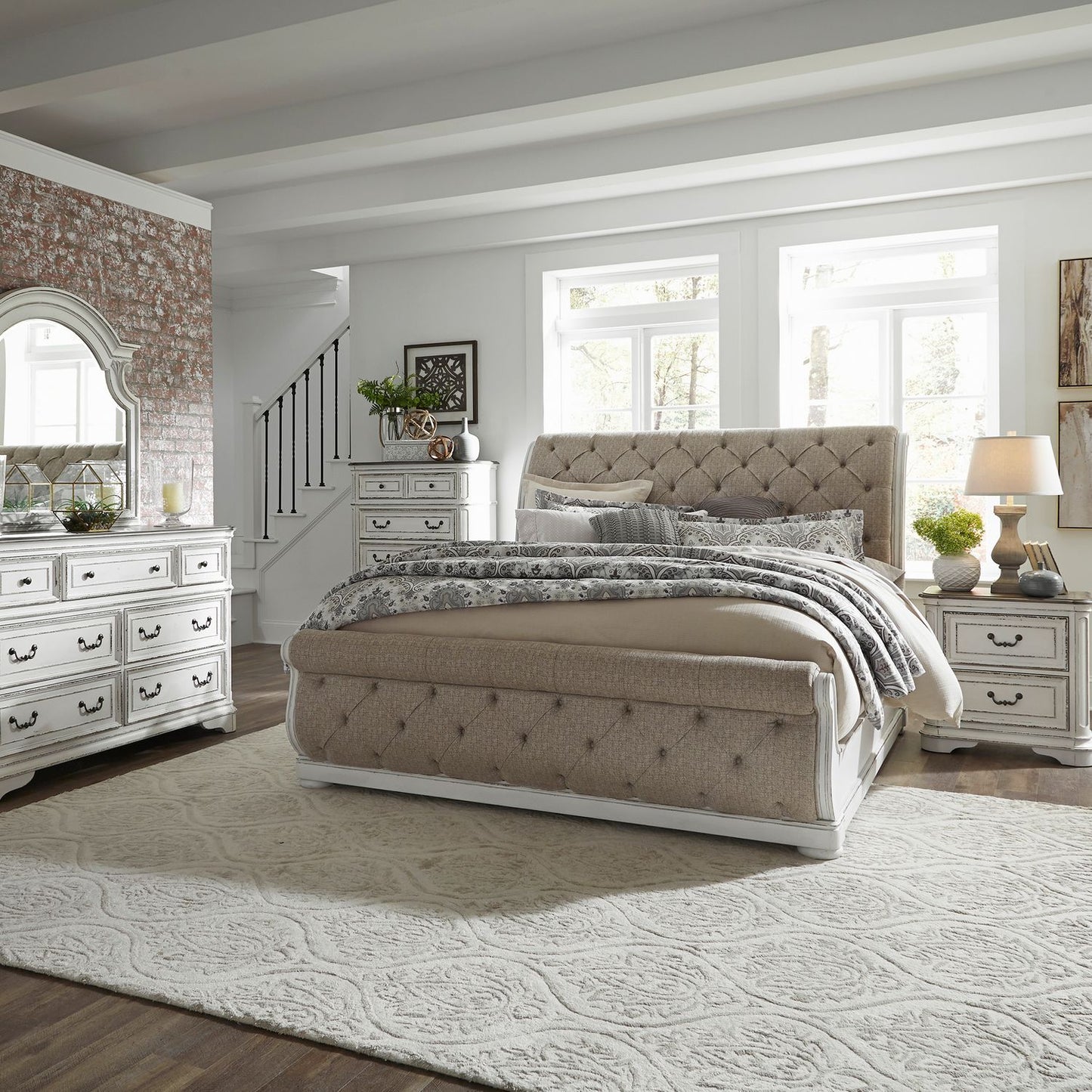 Queen Uph Sleigh Bed, Dresser & Mirror, Chest, Night Stand