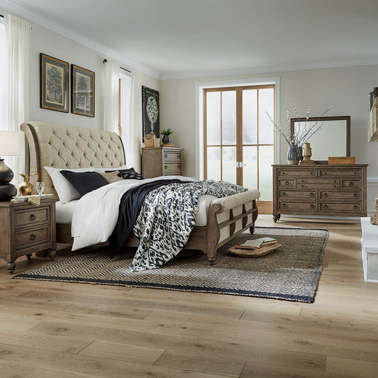 King Sleigh Bed, Dresser & Mirror, Chest, Night Stand