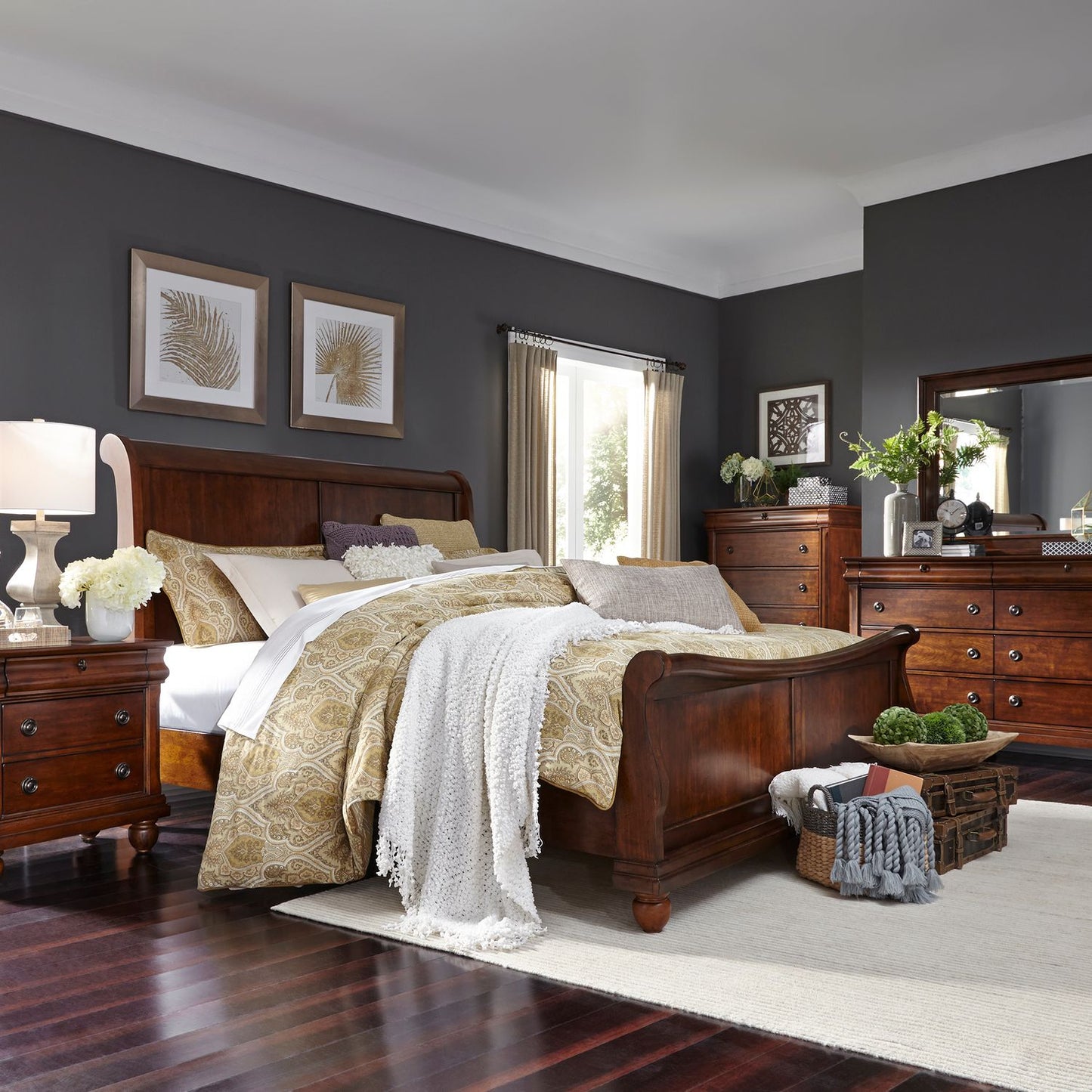 King Sleigh Bed, Dresser & Mirror, Chest, Night Stand