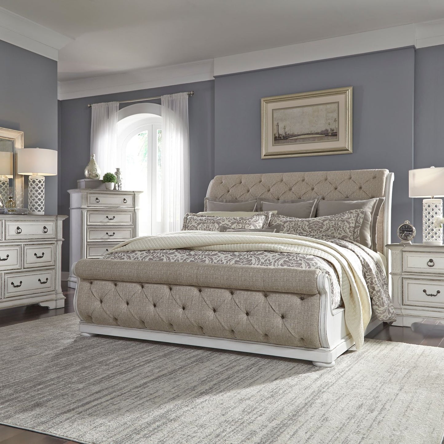Queen Uph Sleigh Bed, Dresser & Mirror, Chest, Night Stand