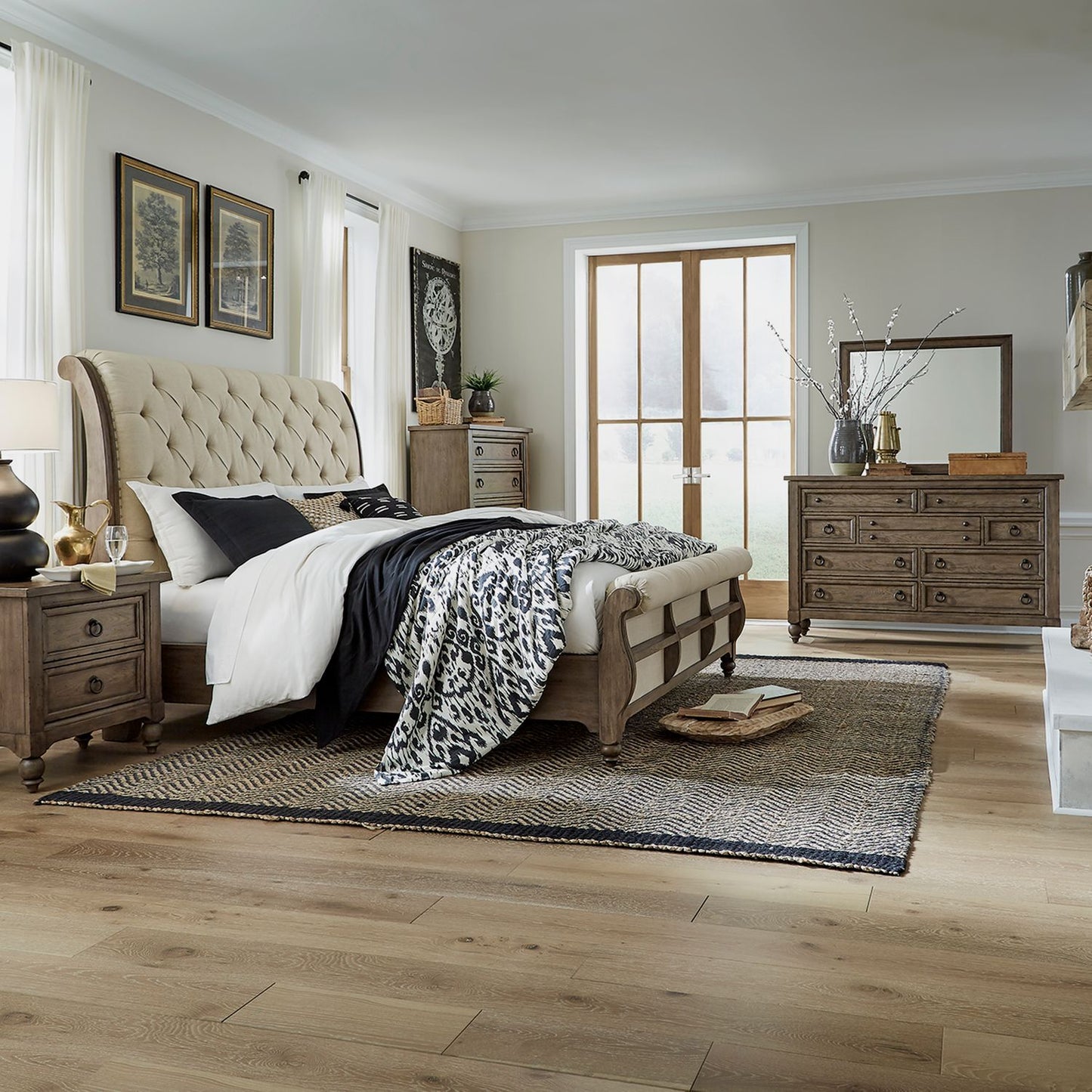 Queen Sleigh Bed, Dresser & Mirror, Chest, Night Stand