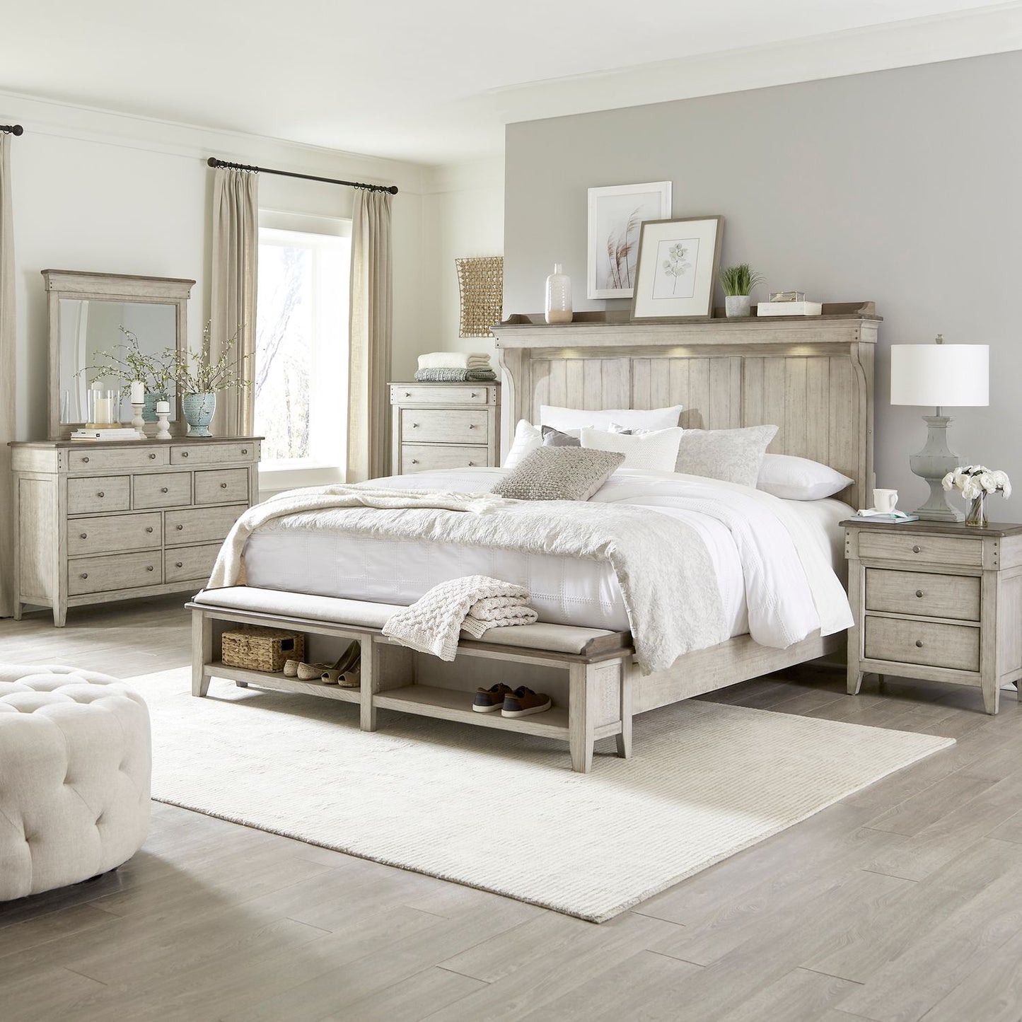 King Mantle Storage Bed, Dresser & Mirror, Chest, Night Stand