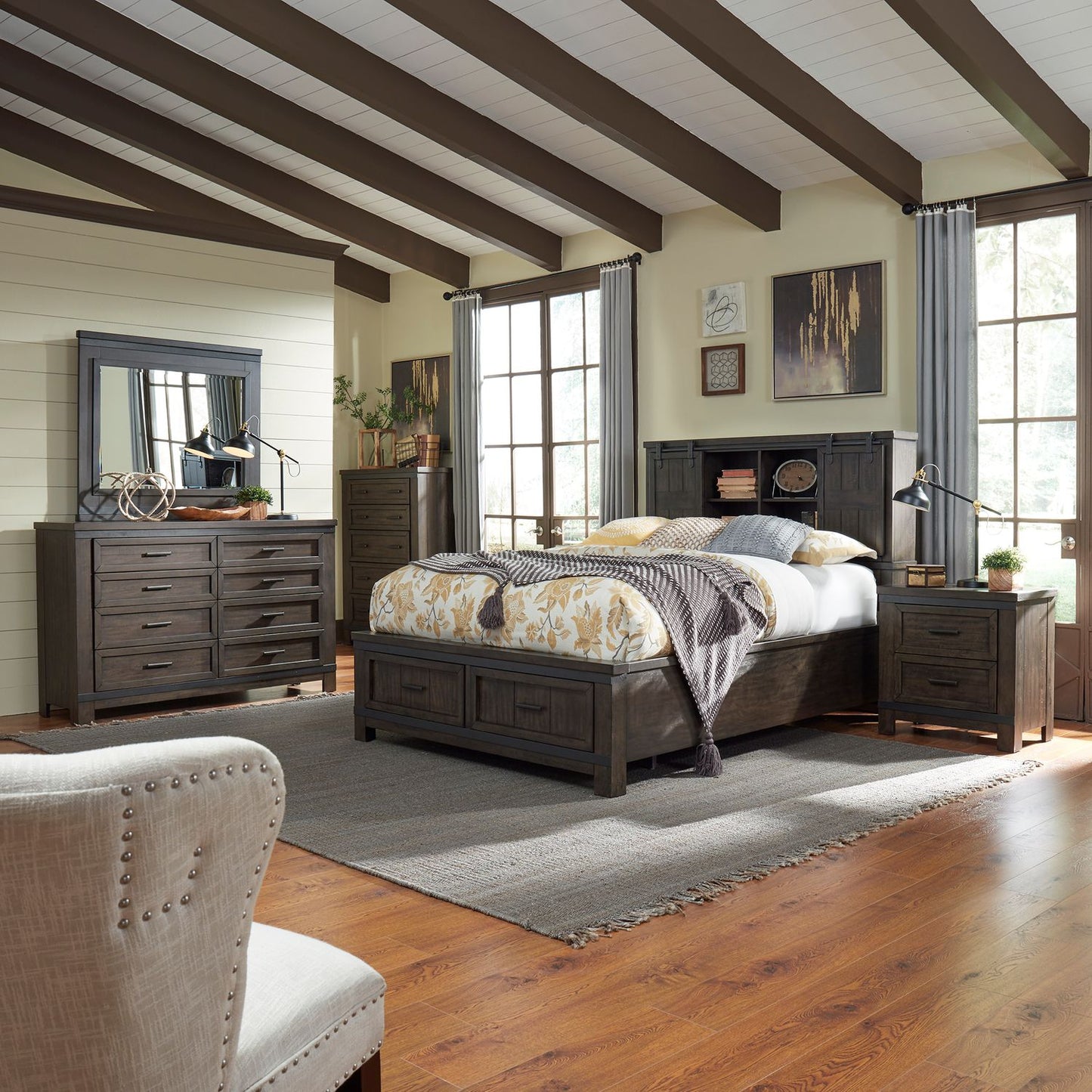 King Bookcase Bed, Dresser & Mirror, Chest, Night Stand
