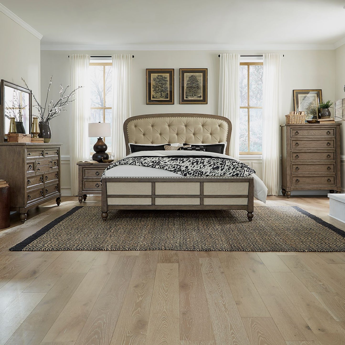 King Shelter Bed, Dresser & Mirror, Chest, Night Stand