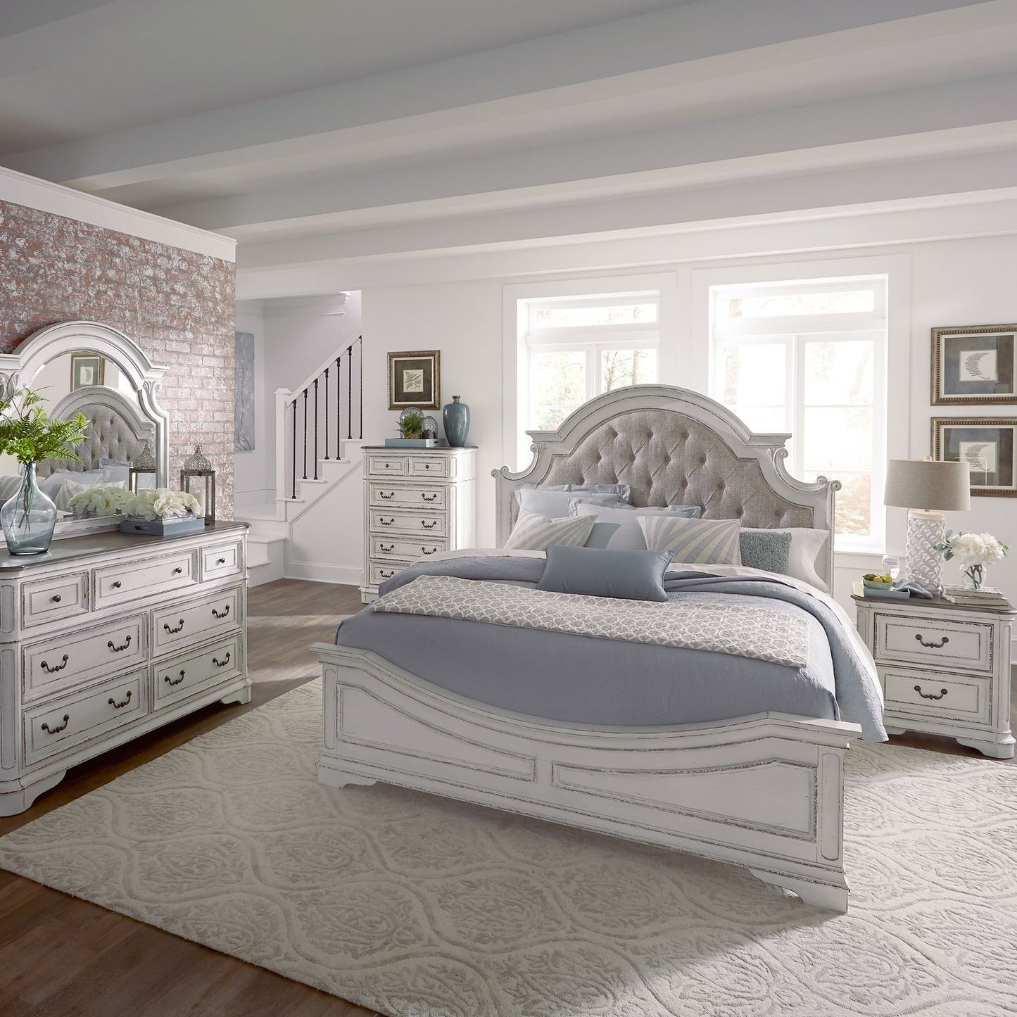 Queen Uph Bed, Dresser & Mirror, Chest, Night Stand