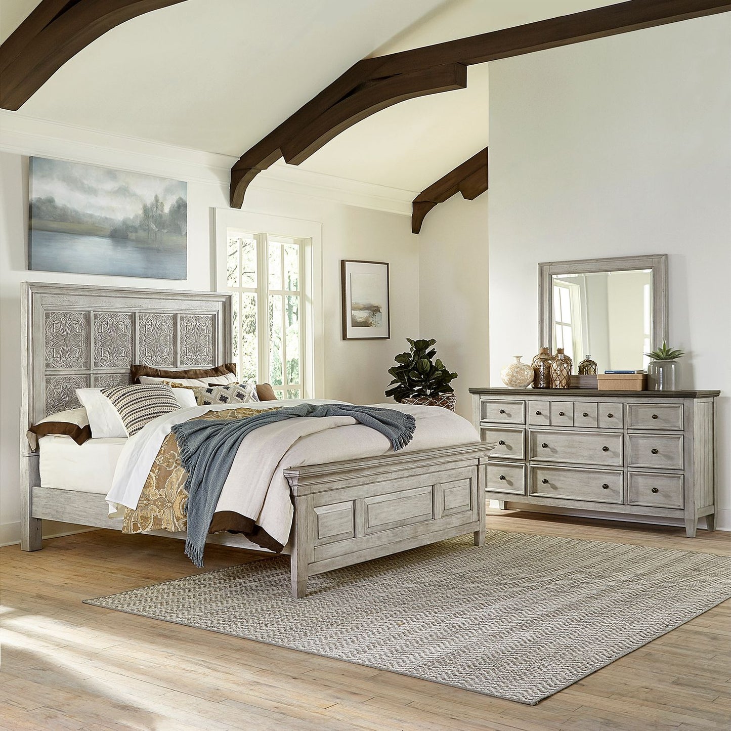King Opt California Panel Bed, Dresser & Mirror