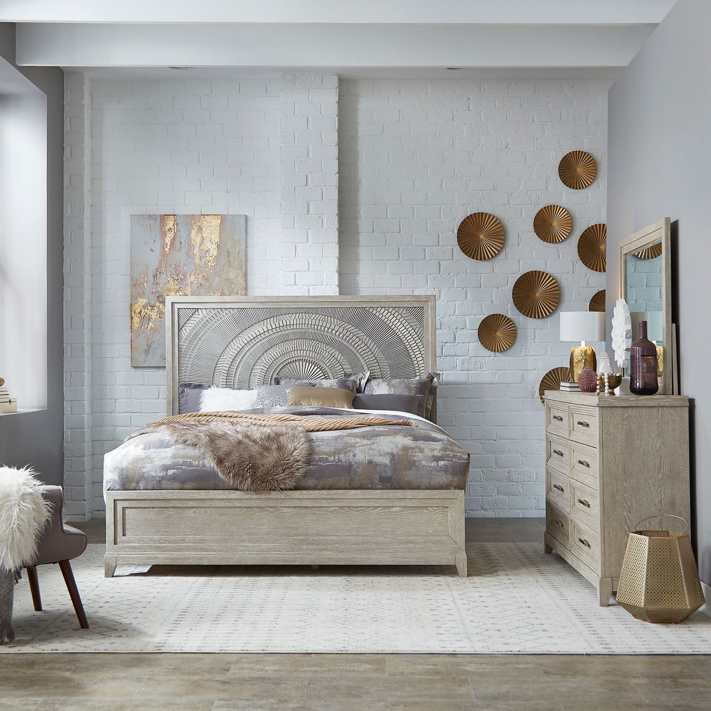 King Panel Bed, Dresser & Mirror
