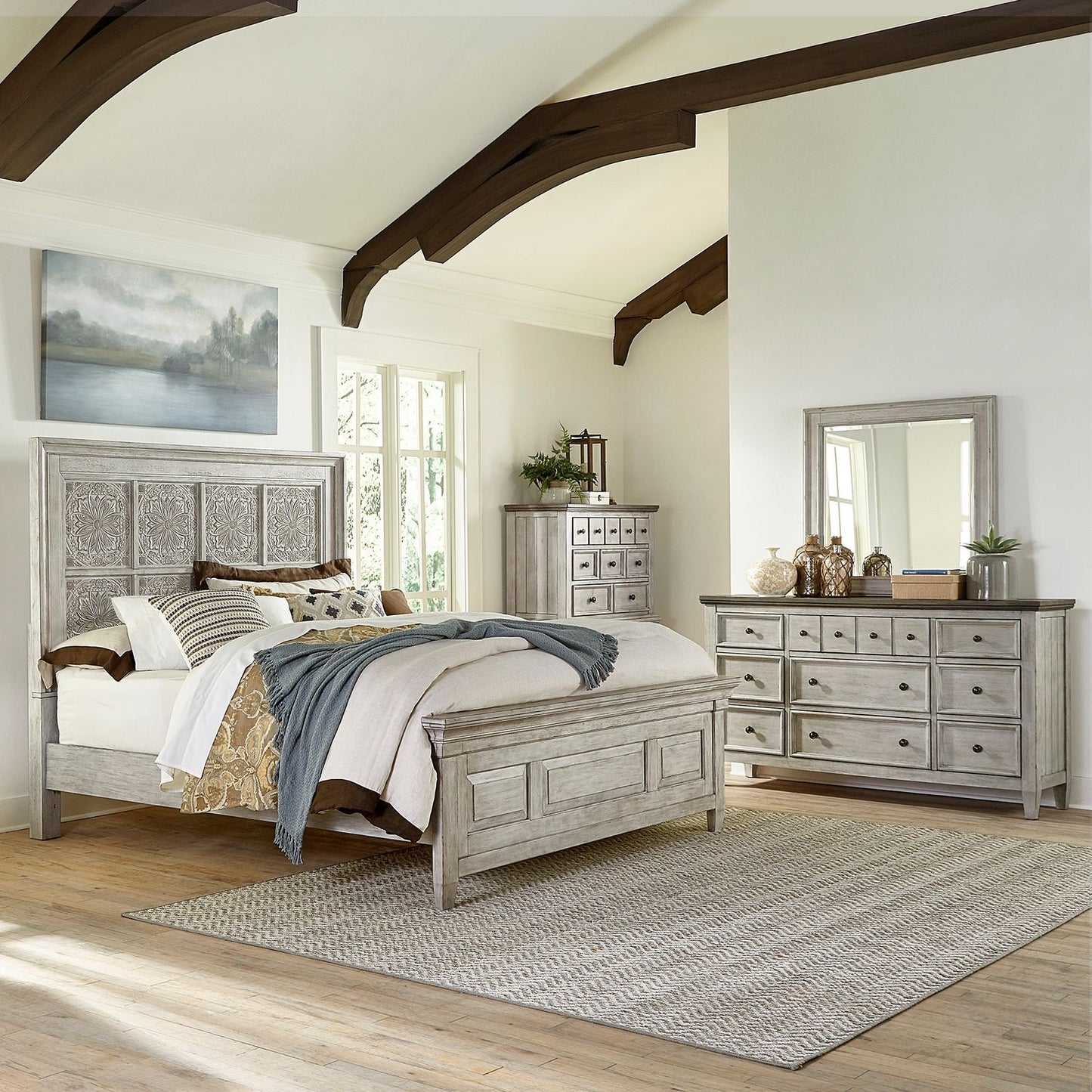 King Opt Panel Bed, Dresser & Mirror, Chest