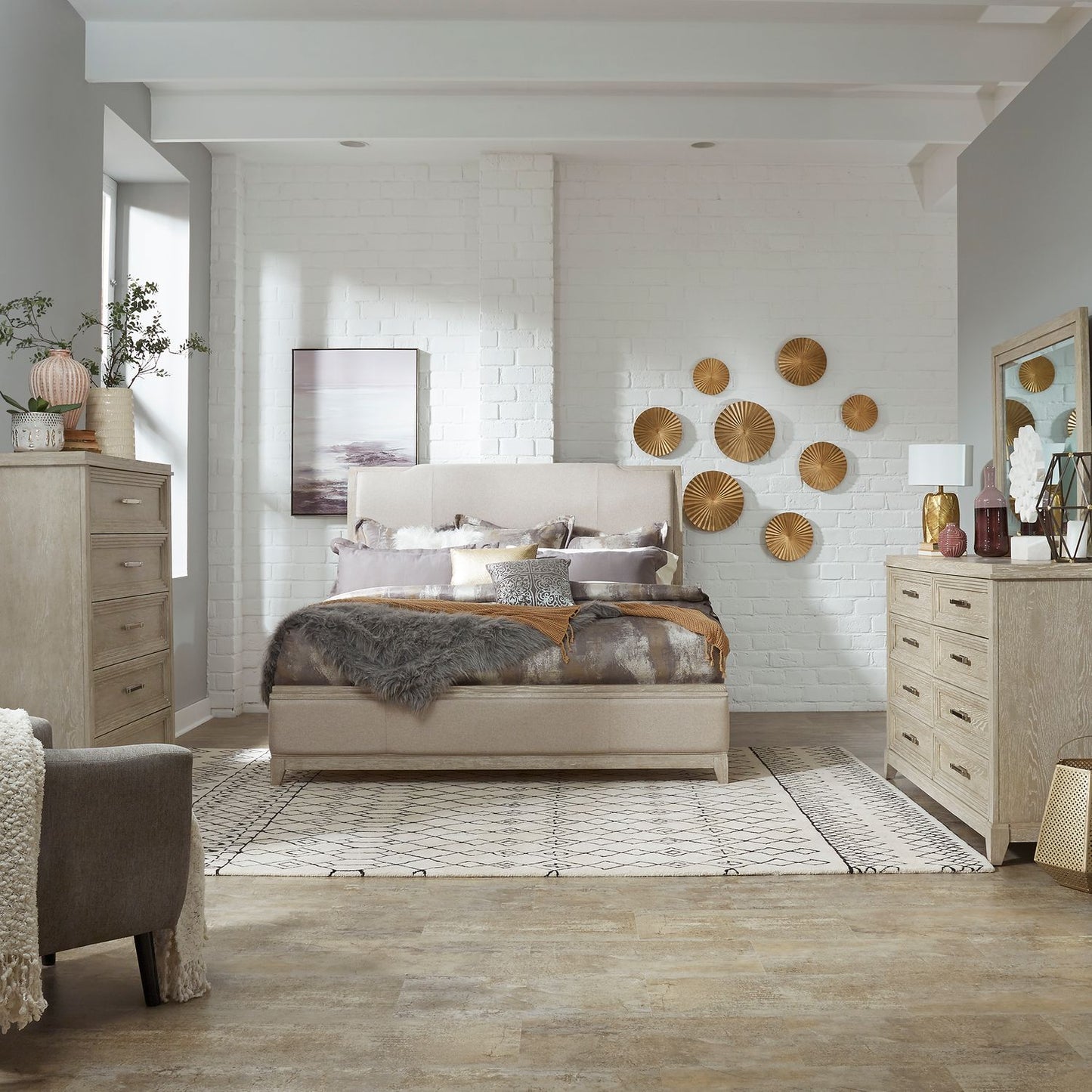Queen Uph Bed, Dresser & Mirror, Chest