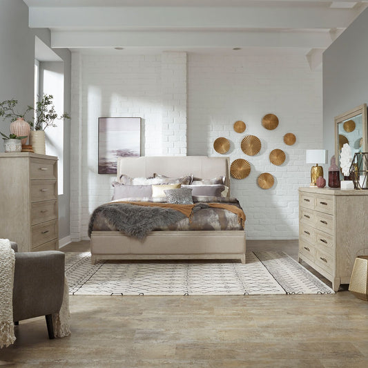 Queen Uph Bed, Dresser & Mirror, Chest