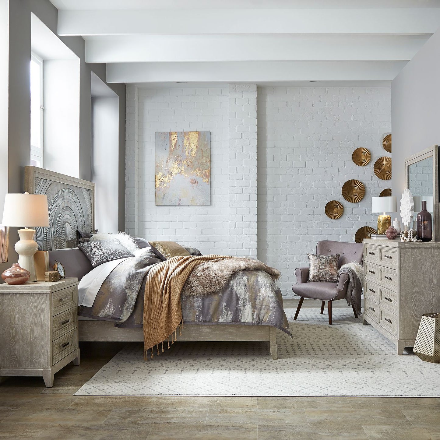 King California Panel Bed, Dresser & Mirror, Night Stand