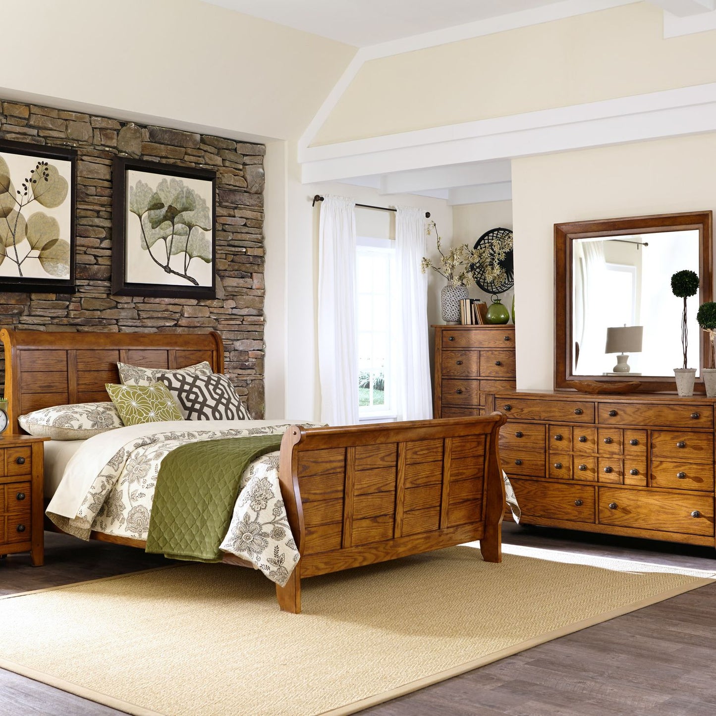 Queen Sleigh Bed, Dresser & Mirror, Night Stand