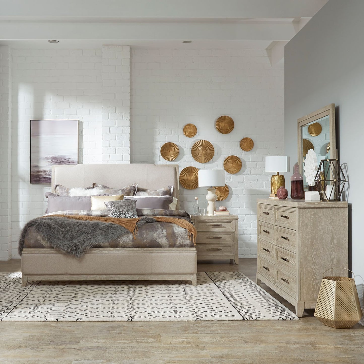 Queen Uph Bed, Dresser & Mirror, Night Stand
