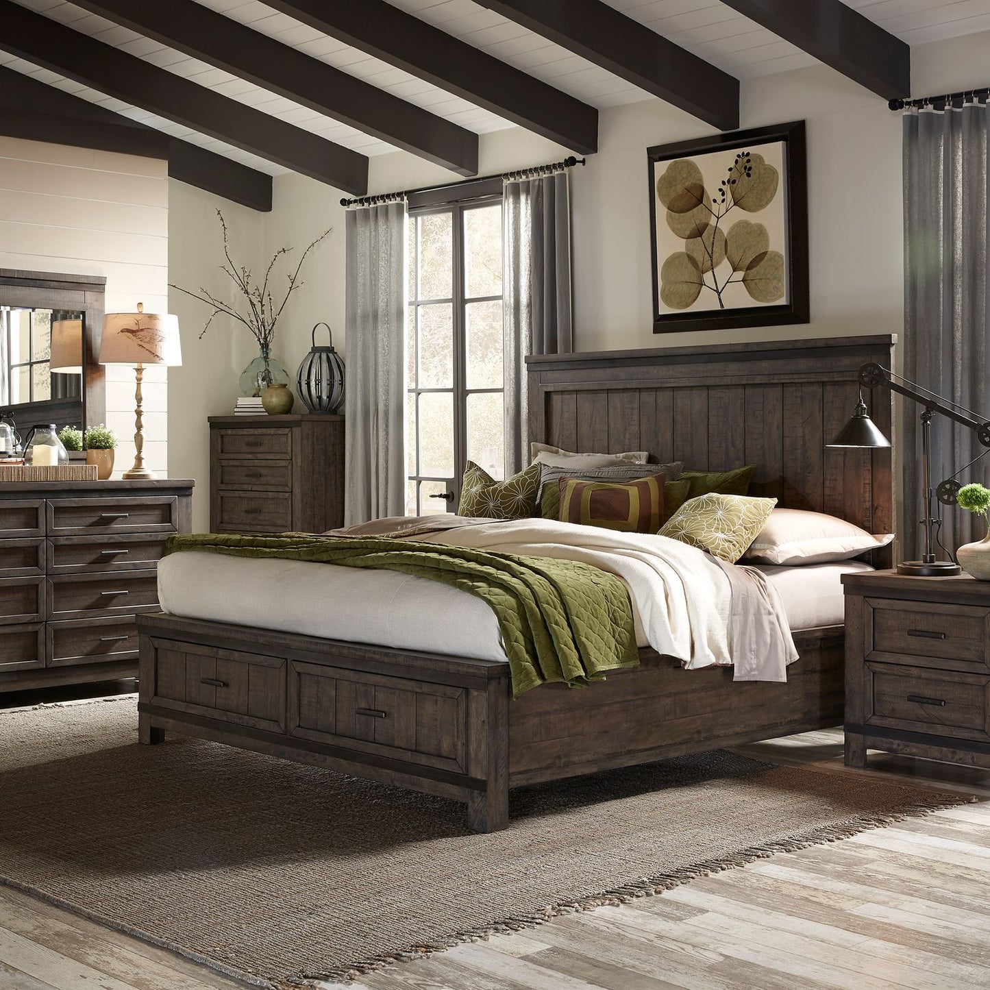 King Storage Bed, Dresser & Mirror, Night Stand