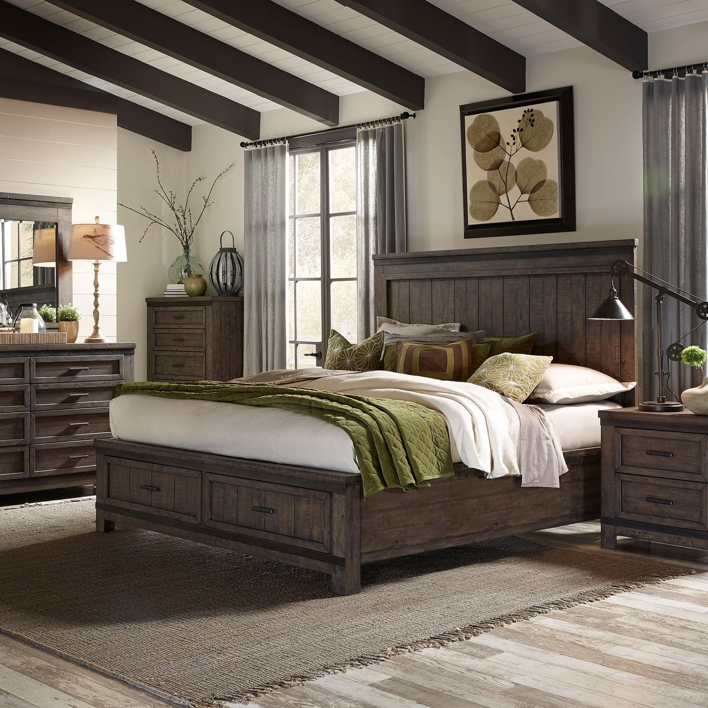 Queen Two Sided Storage Bed, Dresser & Mirror, Night Stand