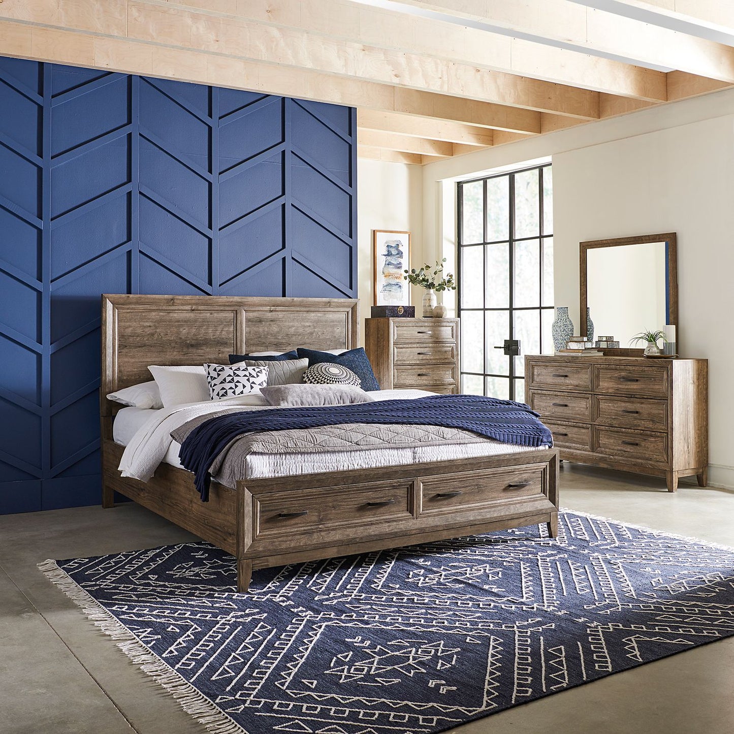 King Storage Bed, Dresser & Mirror, Chest