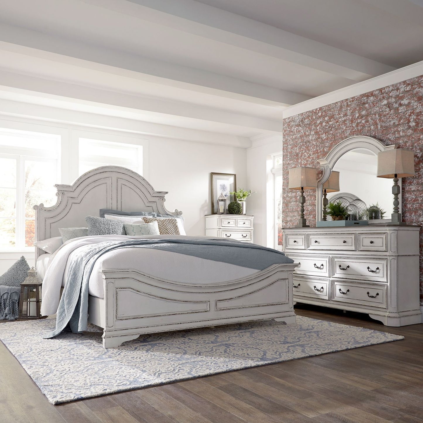 King Panel Bed, Dresser & Mirror, Chest