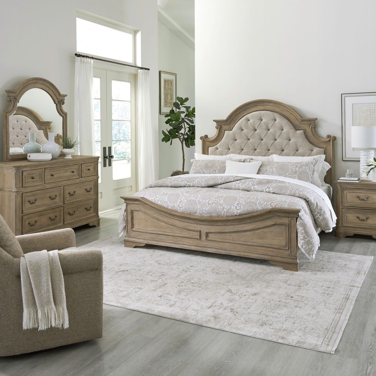 King Uph Bed, Dresser & Mirror, Night Stand
