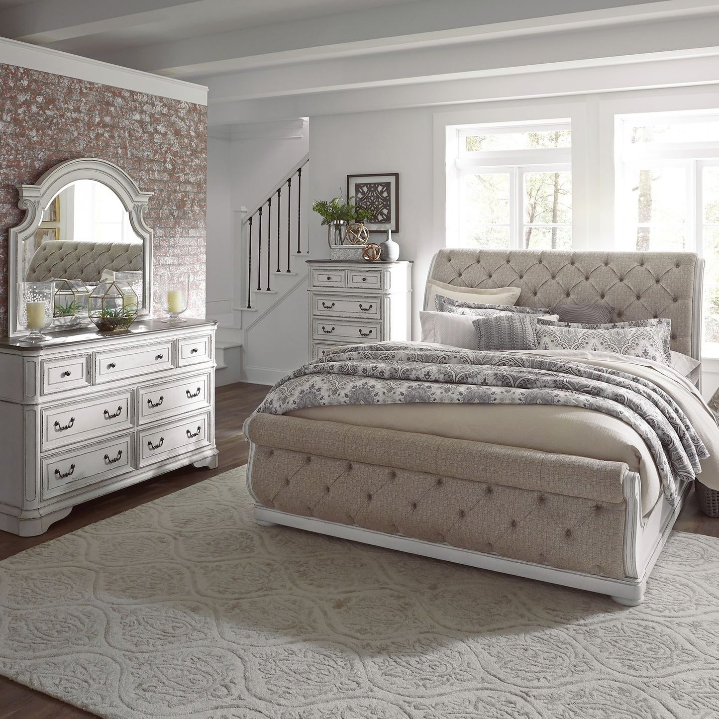 Queen Uph Sleigh Bed, Dresser & Mirror, Chest