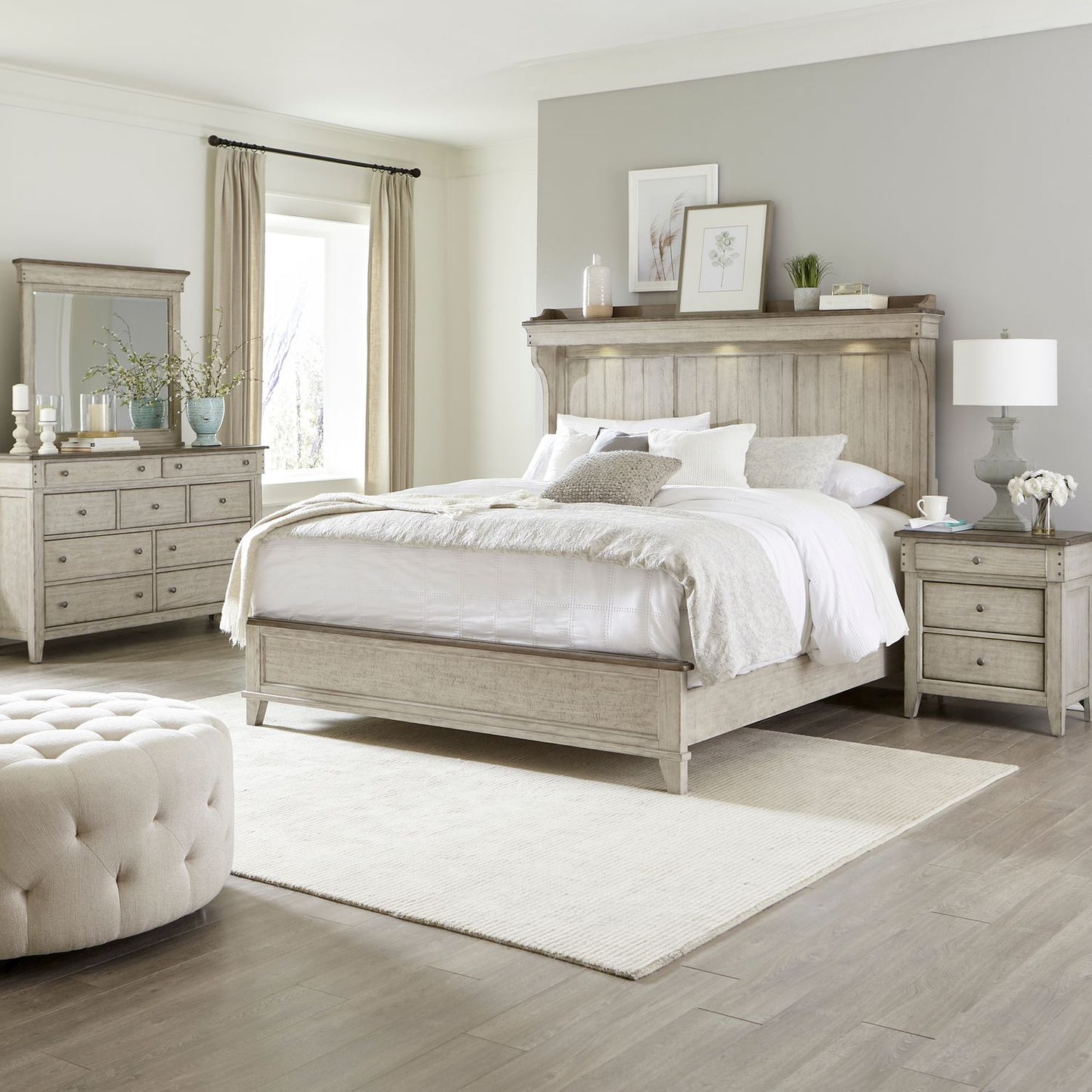 King Mantle Bed, Dresser & Mirror, Night Stand