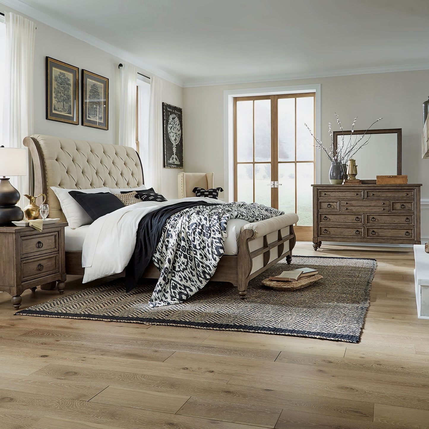 King Sleigh Bed, Dresser & Mirror, Night Stand