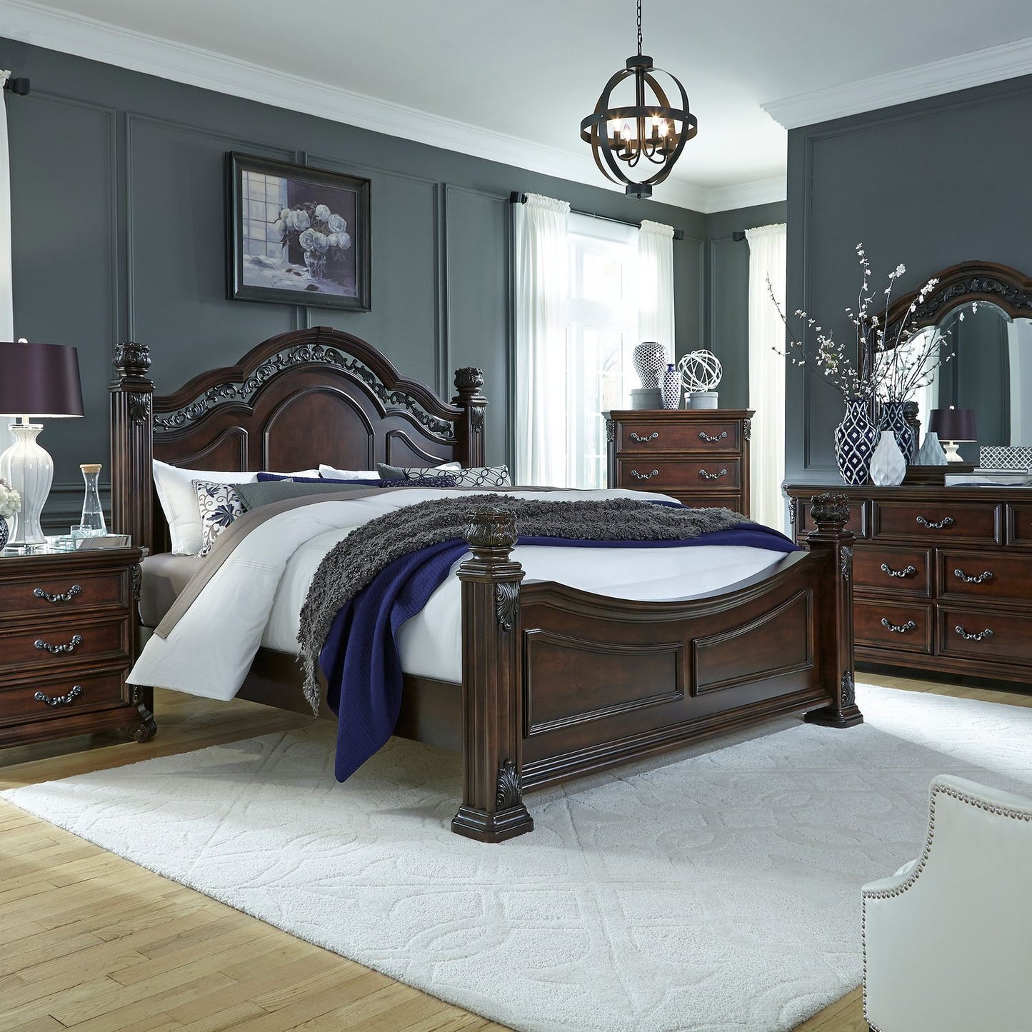 King Poster Bed, Dresser & Mirror, Night Stand