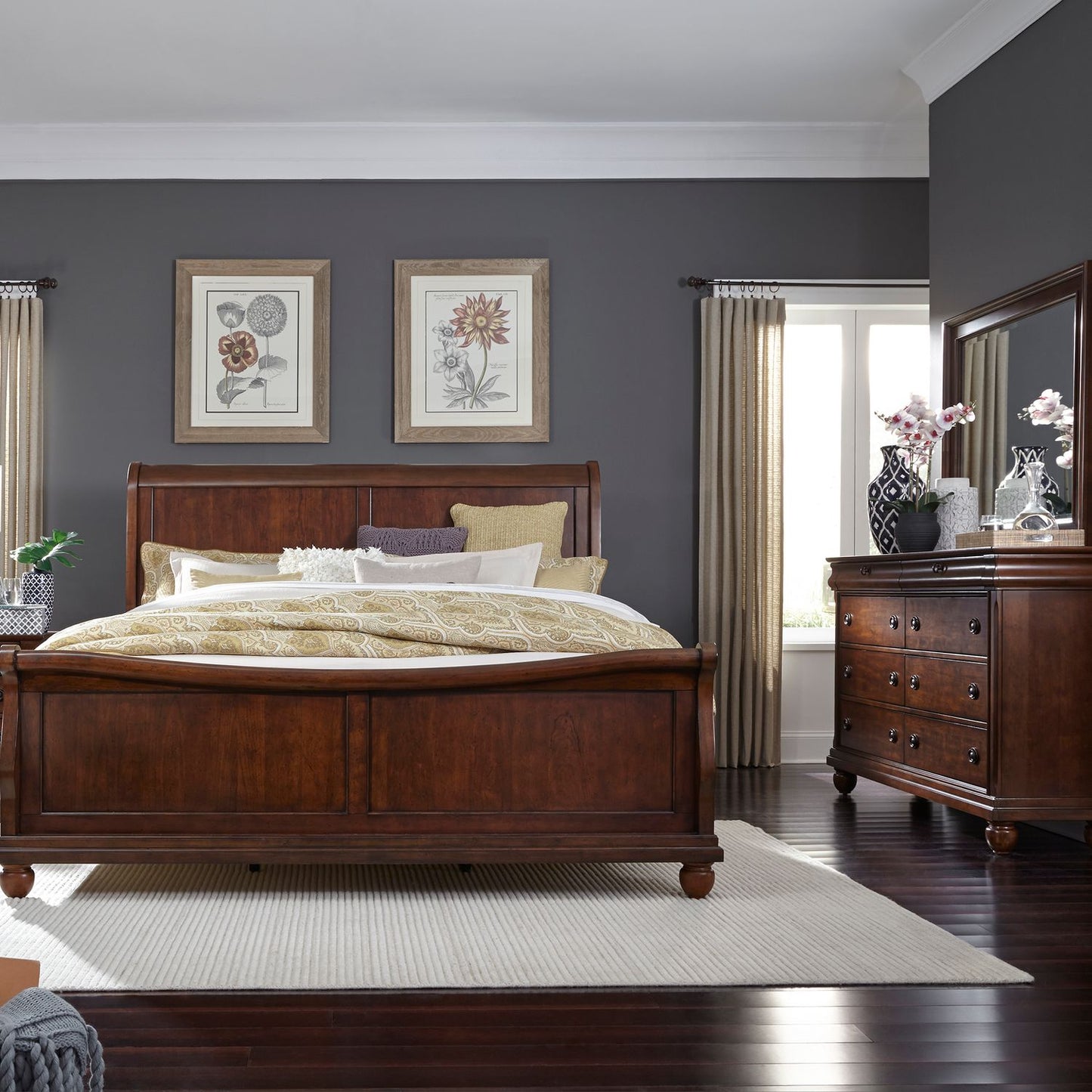 Queen Sleigh Bed, Dresser & Mirror