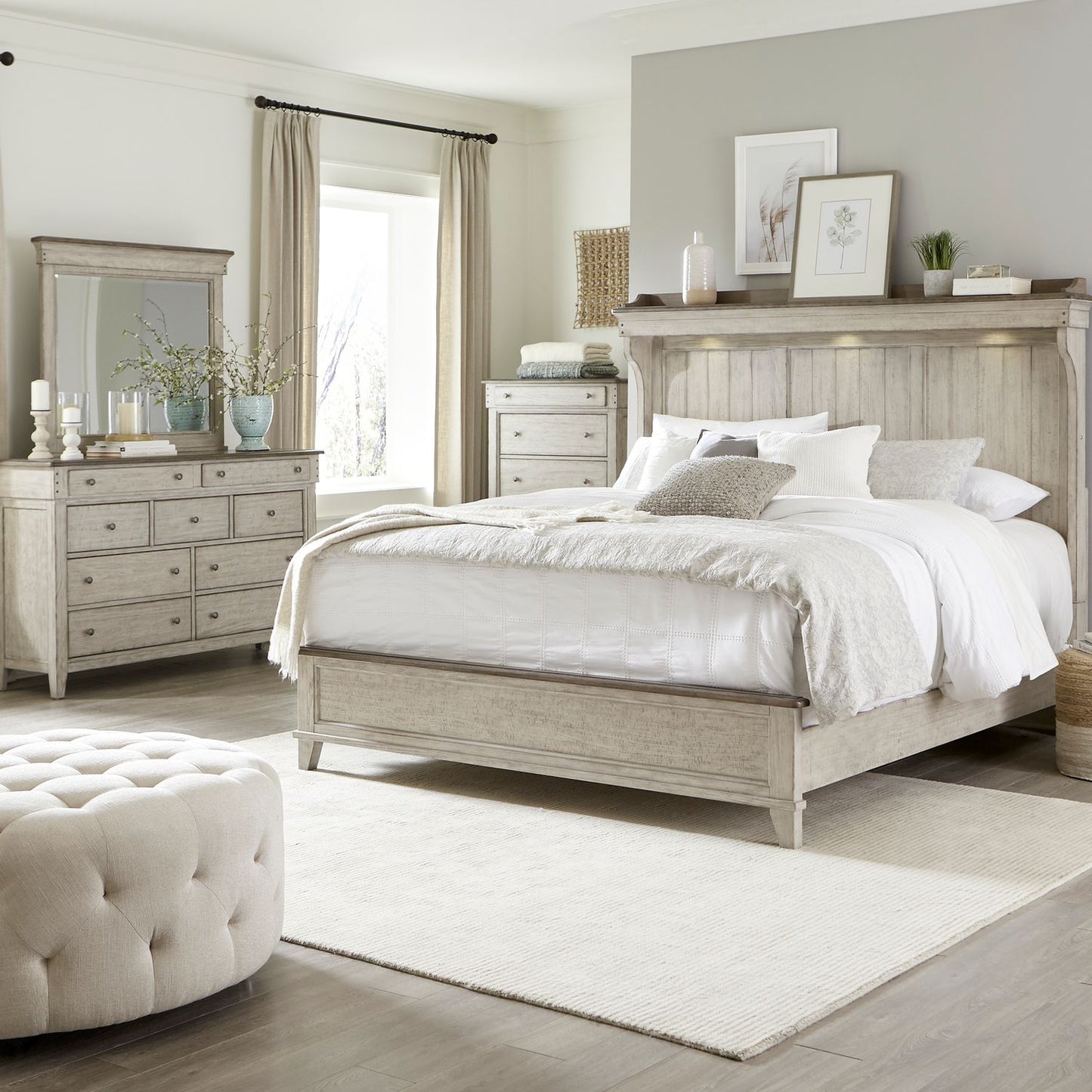 King Mantle Bed, Dresser & Mirror, Chest