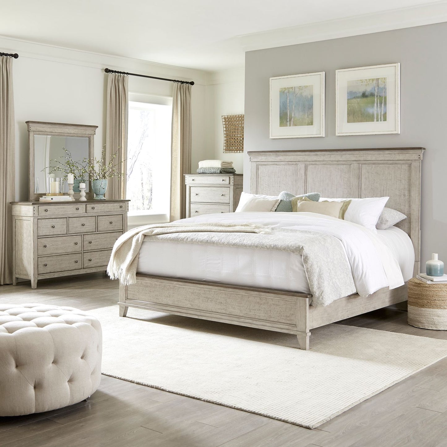 Queen Panel Bed, Dresser & Mirror, Chest