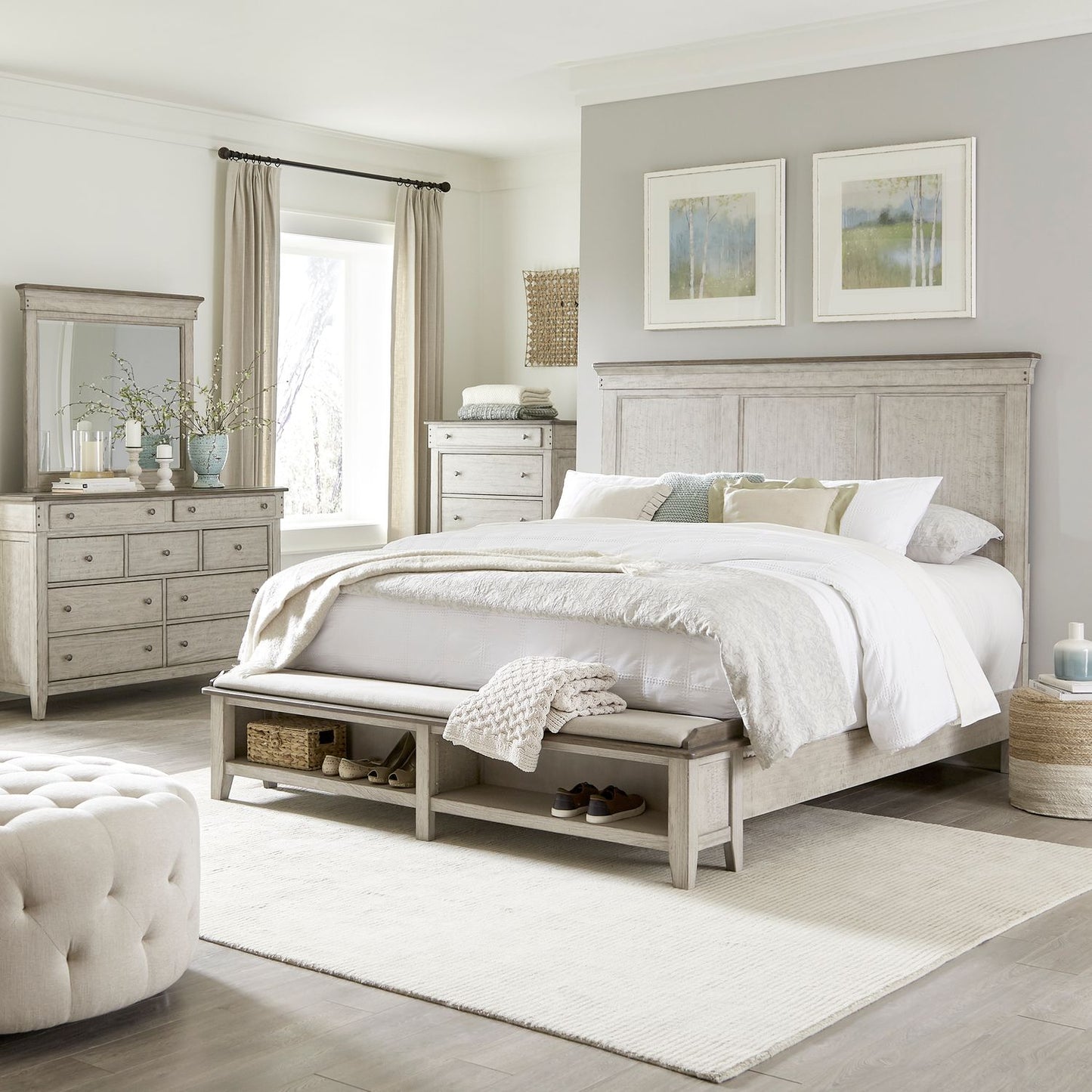 King Storage Bed, Dresser & Mirror, Chest