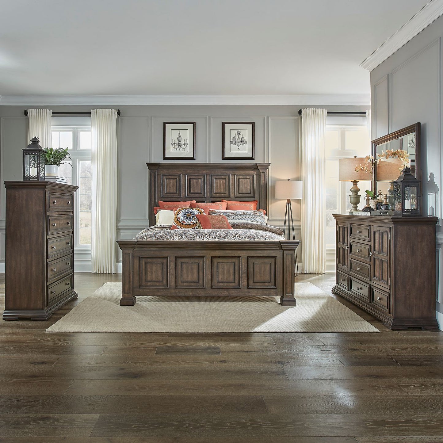 King California Panel Bed, Dresser & Mirror, Chest