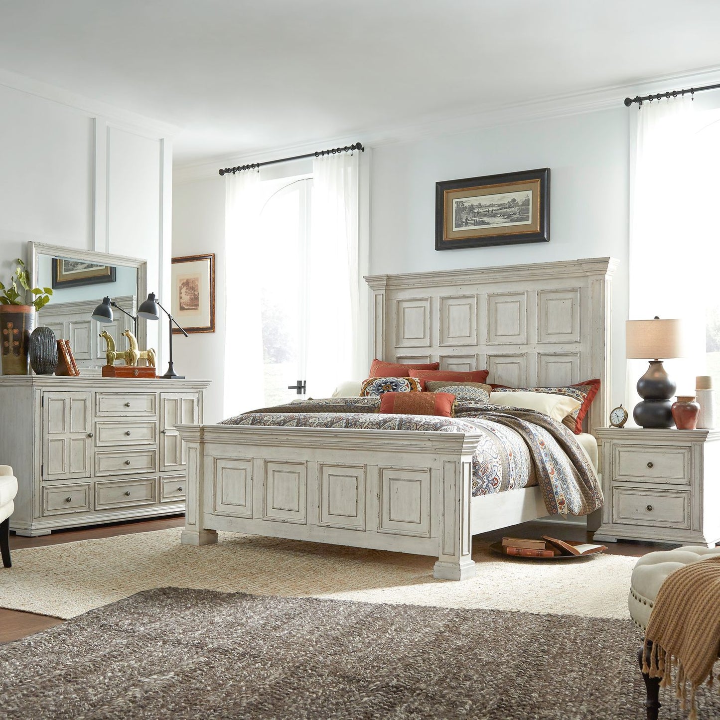 King Panel Bed, Dresser & Mirror, Night Stand