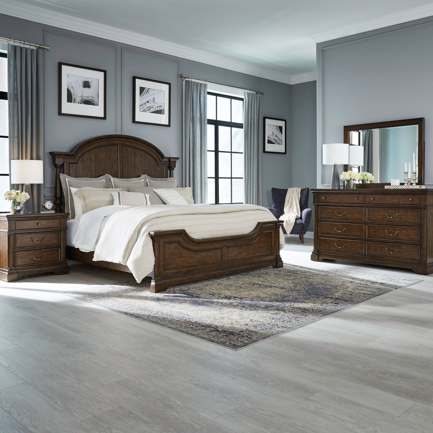 King Poster Bed, Dresser & Mirror, Night Stand