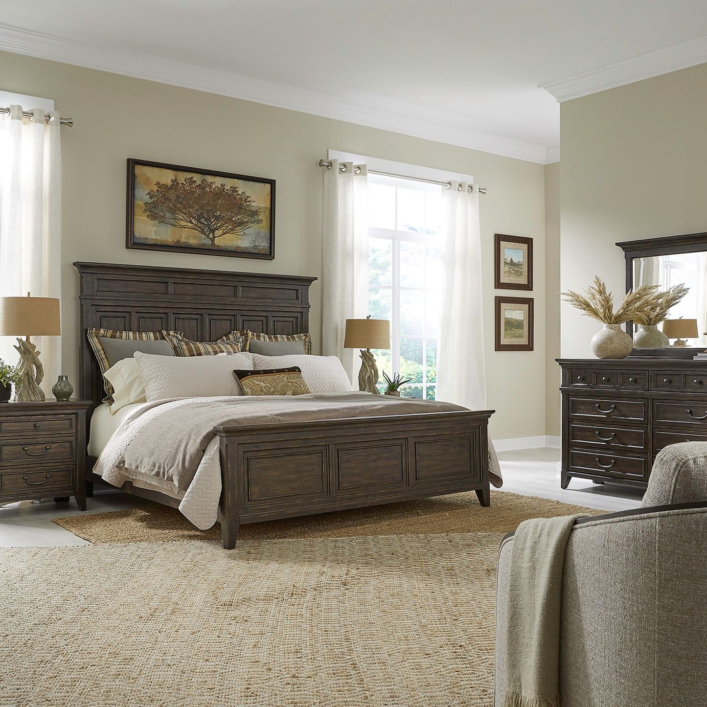 Queen Panel Bed, Dresser & Mirror, Night Stand