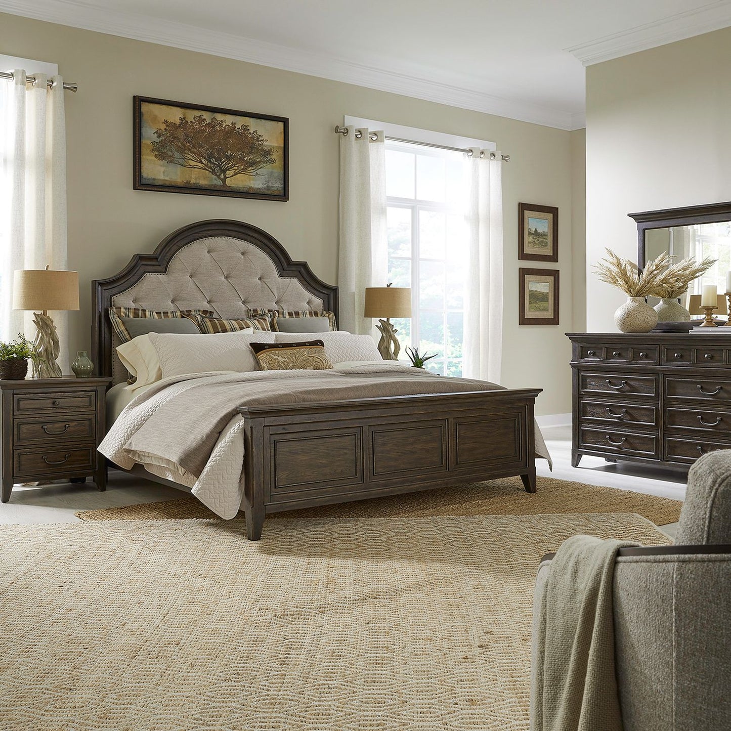 Queen Uph Bed, Dresser & Mirror, Night Stand