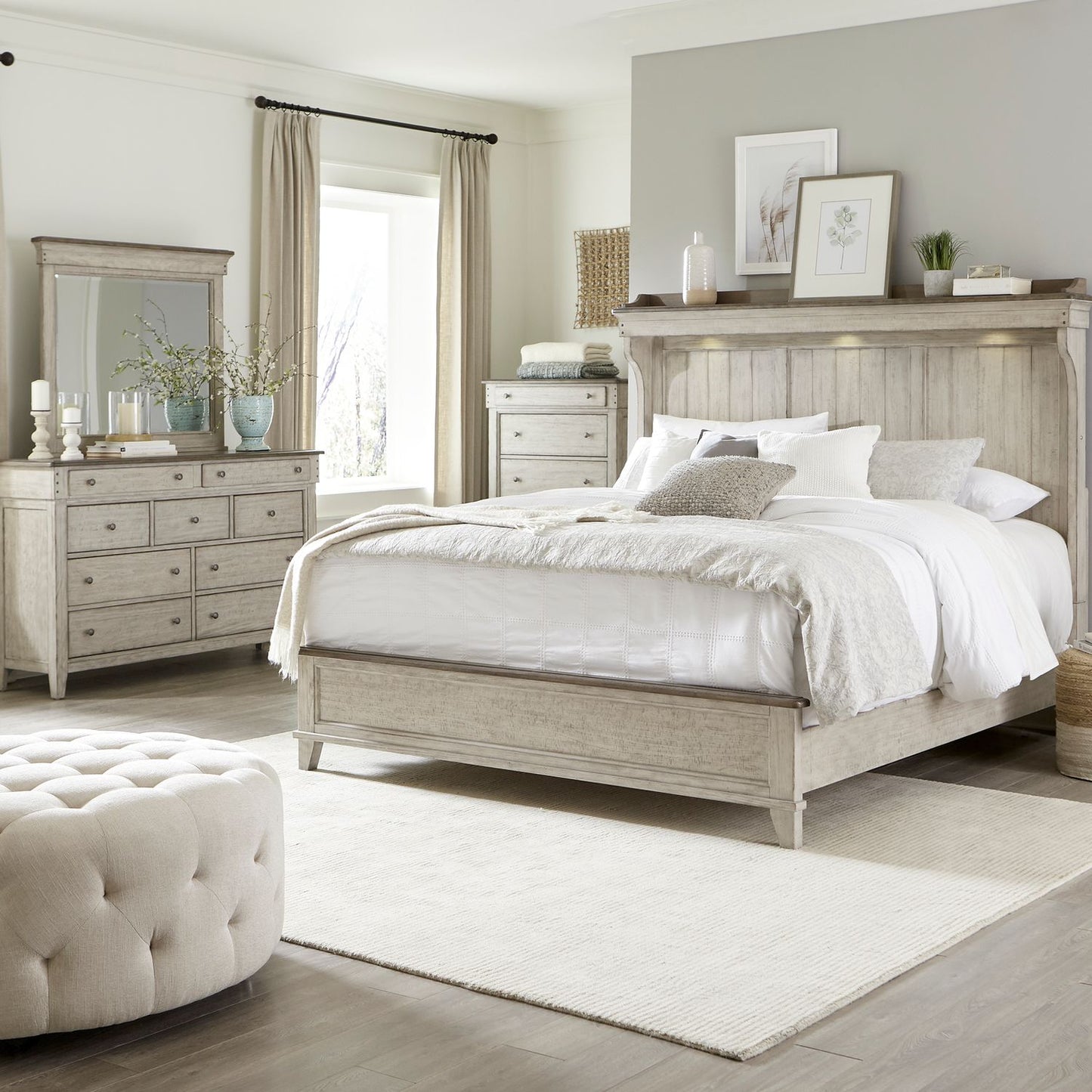 King California Mantle Bed, Dresser & Mirror, Chest