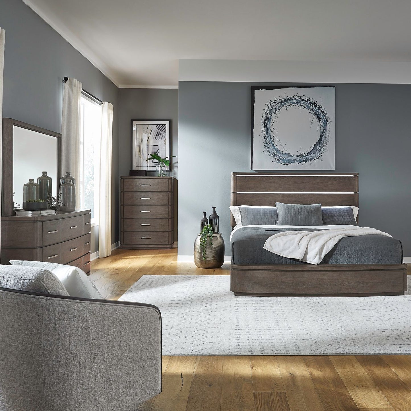 King Panel Bed, Dresser & Mirror, Chest
