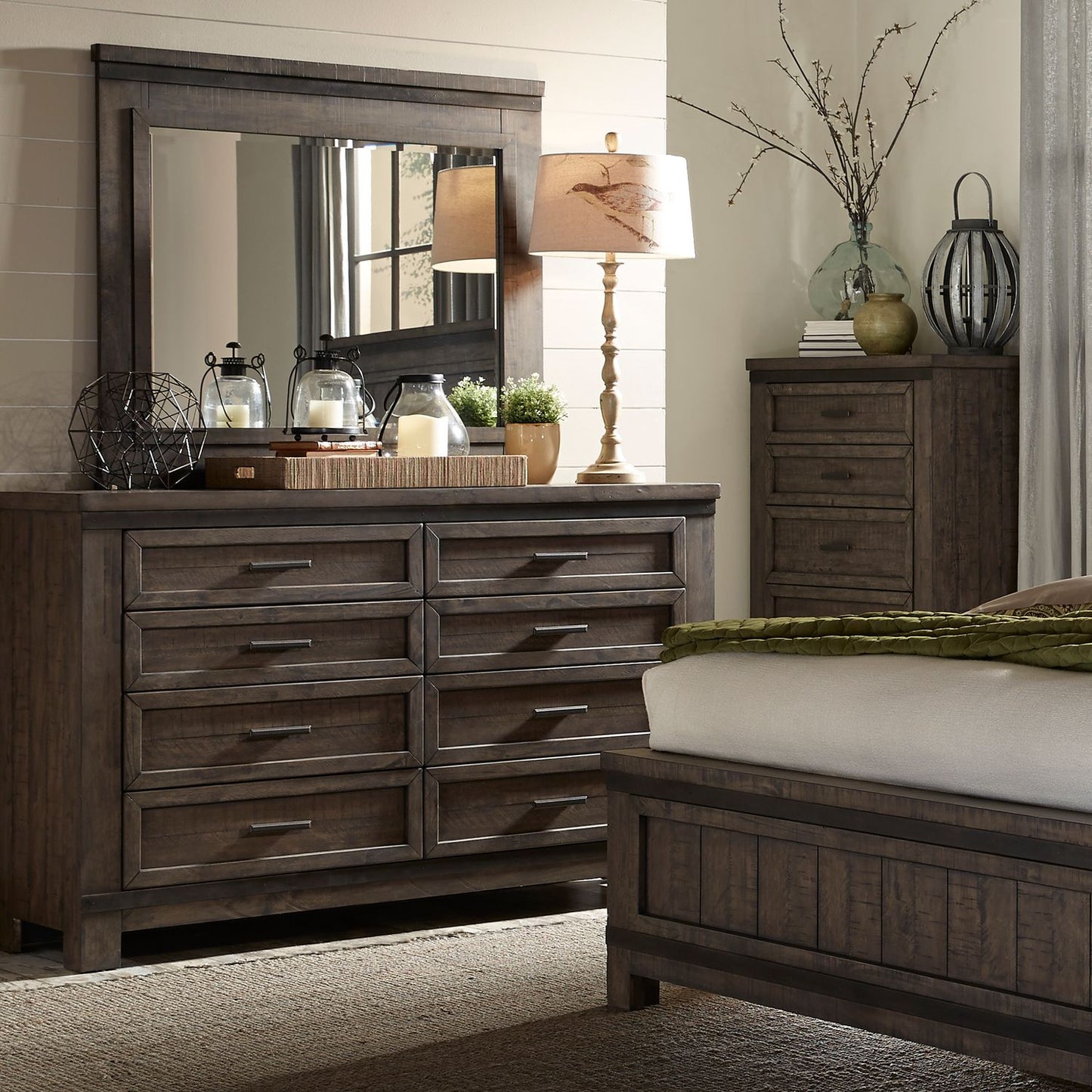 King Two Sided Storage Bed, Dresser & Mirror, Night Stand