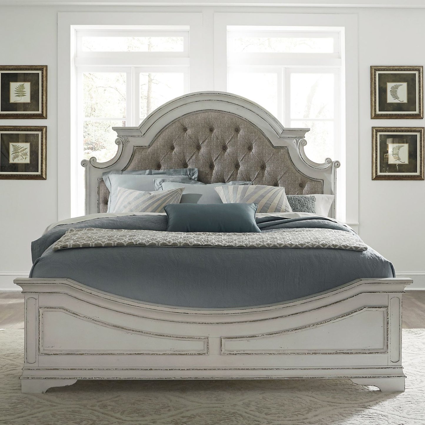 King Uph Bed, Dresser & Mirror, Chest, Night Stand