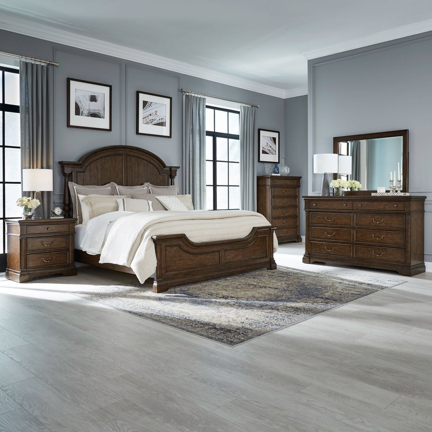 King Poster Bed, Dresser & Mirror, Chest, Night Stand